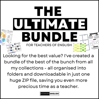 Promotional graphic for 'The Ultimate Bundle for Teachers of English' with text and icons.