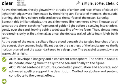 A text-based educational worksheet or poster titled 'clear' with a short descriptive paragraph about a sunset landscape over the sea, plus two green checkmarks and labels A05 and A06.